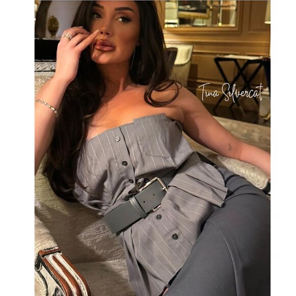 BLOGGER'S FAVE! Zara Belted Strapless Top Gray NWT - Picture 3 of 15